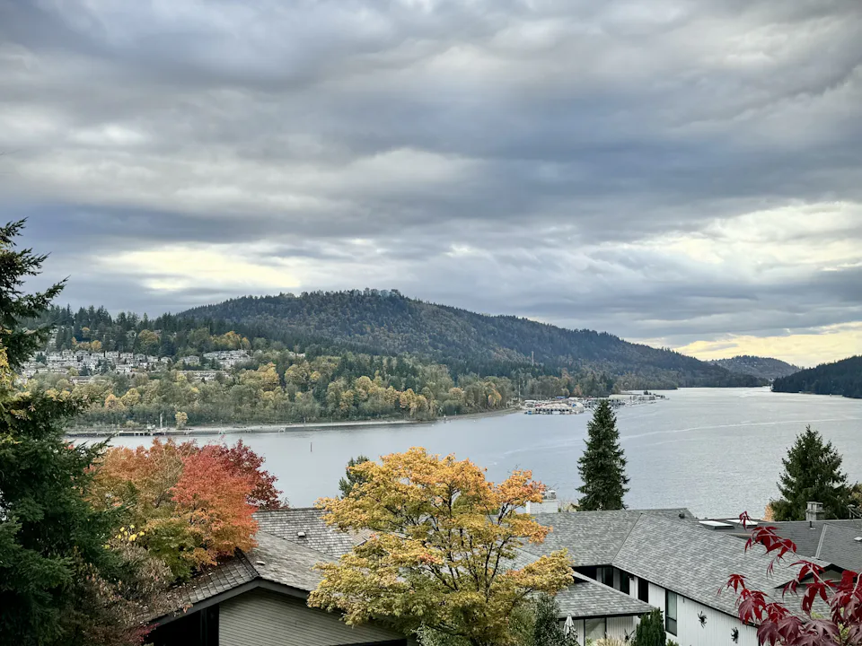 An inlet between forested hills under a cloudy sky, with rooftops and autumn trees in the foreground